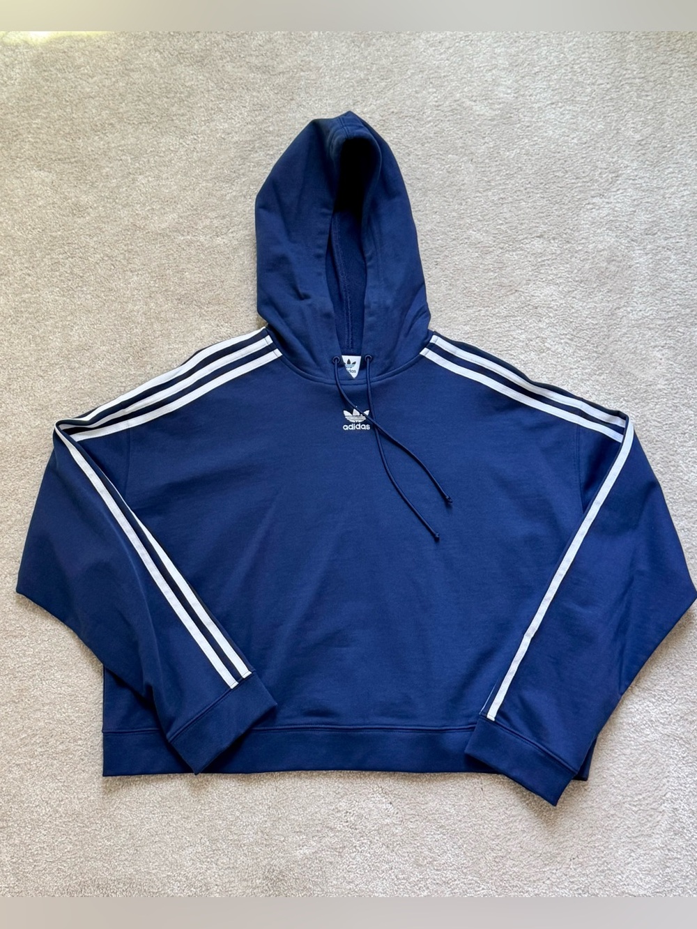 Adidas Originals 3 Stripe Cropped Hoodie Blue White Logo Sweatshirt - Size L NWT